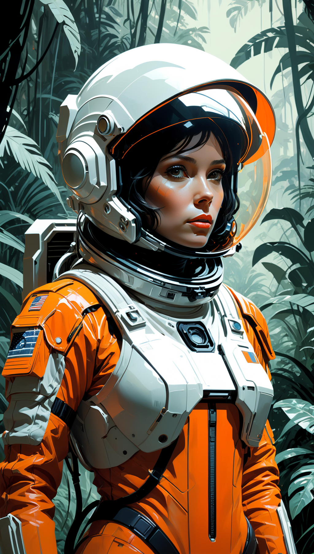 waist-up "female Astronaut in a Jungle" by Syd Mead, broken helmet tangerine cold color palette, muted colors, detailed, 8...